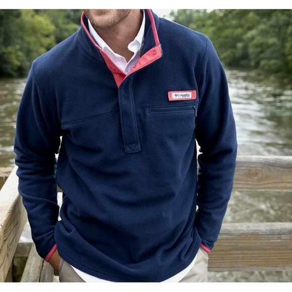 Columbia PFG Sweatshirt Mens Medium Navy Blue 1/4 Snap Pullover Mock Nec… - Picture 3 of 10